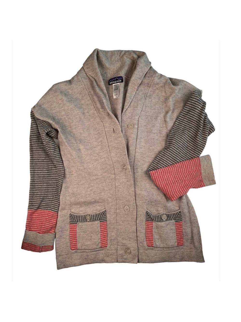 Patagonia Gray Cardigan with Pink and Black Stripe Accents